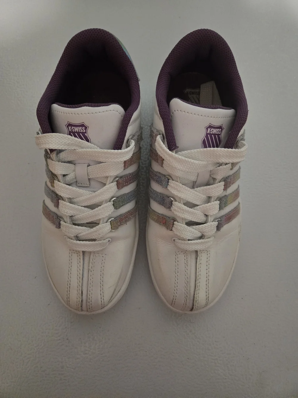 K-Swiss Classic VN White Sneakers, Iridescent Rainbow Stripes & Purple Lining